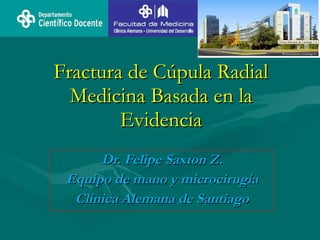 Fractura de Cúpula Radial
  Medicina Basada en la
        Evidencia
      Dr. Felipe Saxton Z.
 Equipo de mano y microcirugía
  Clínica Alemana de Santiago
 