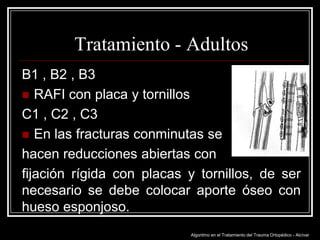 Tratamiento - Adultos
B1 , B2 , B3
 RAFI con placa y tornillos
C1 , C2 , C3
 En las fracturas conminutas se
hacen reducciones abiertas con
fijación rígida con placas y tornillos, de ser
necesario se debe colocar aporte óseo con
hueso esponjoso.
Algoritmo en el Tratamiento del Trauma Ortopédico - Alcívar

 
