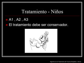 Tratamiento - Niños



A1 , A2 , A3
El tratamiento debe ser conservador.

Algoritmo en el Tratamiento del Trauma Ortopédico - Alcívar

 
