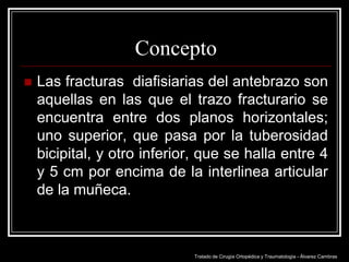 Concepto


Las fracturas diafisiarias del antebrazo son
aquellas en las que el trazo fracturario se
encuentra entre dos planos horizontales;
uno superior, que pasa por la tuberosidad
bicipital, y otro inferior, que se halla entre 4
y 5 cm por encima de la interlinea articular
de la muñeca.

Tratado de Cirugía Ortopédica y Traumatología - Álvarez Cambras

 