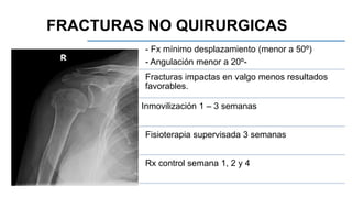- Fx mínimo desplazamiento (menor a 50º)
- Angulación menor a 20º-
Inmovilización 1 – 3 semanas
Fracturas impactas en valgo menos resultados
favorables.
Fisioterapia supervisada 3 semanas
Rx control semana 1, 2 y 4
FRACTURAS NO QUIRURGICAS
 