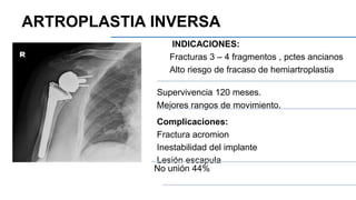 INDICACIONES:
Fracturas 3 – 4 fragmentos , pctes ancianos
Alto riesgo de fracaso de hemiartroplastia
Supervivencia 120 meses.
Mejores rangos de movimiento.
Complicaciones:
Fractura acromion
Inestabilidad del implante
Lesión escapula
No unión 44%
ARTROPLASTIA INVERSA
 