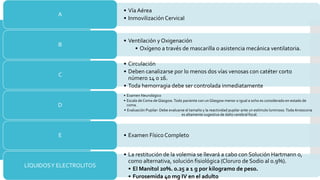 Tratamiento
inicial
• Vía Aérea
• Inmovilización Cervical
A
• Ventilación y Oxigenación
• Oxígeno a través de mascarilla o asistencia mecánica ventilatoria.
B
• Circulación
• Deben canalizarse por lo menos dos vías venosas con catéter corto
número 14 o 16.
• Toda hemorragia debe ser controlada inmediatamente
C
• Examen Neurológico
• Escala de Coma de Glasgow.Todo paciente con un Glasgow menor o igual a ocho es considerado en estado de
coma.
• Evaluación Pupilar: Debe evaluarse el tamaño y la reactividad pupilar ante un estímulo luminoso.Toda Anisocoria
es altamente sugestiva de daño cerebral focal.
D
• Examen Físico CompletoE
• La restitución de la volemia se llevará a cabo con Solución Hartmann o,
como alternativa, solución fisiológica (Cloruro de Sodio al 0.9%).
• El Manitol 20%. 0.25 a 1 g por kilogramo de peso.
• Furosemida 40 mg IV en el adulto
LÍQUIDOSY ELECTROLITOS
 
