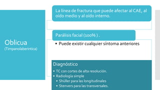 Oblicua
(Timpanolaberintica)
La línea de fractura que puede afectar al CAE, al
oído medio y al oído interno.
• Puede existir cualquier síntoma anteriores
Parálisis facial (100% ) .
Diagnóstico
• TC con cortes de alta resolución.
• Radiología simple
• Shüller para las longitudinales
• Stenvers para las transversales.
 