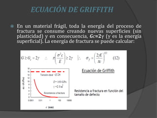 ECUACIÓN DE GRIFFITH
 En un material frágil, toda la energía del proceso de
fractura se consume creando nuevas superficies (sin
plasticidad) y en consecuencia, Gc=2γ (γ es la energía
superficial). La energía de fractura se puede calcular:
 