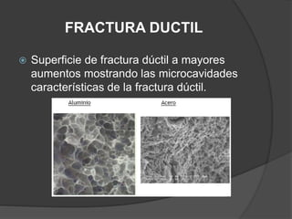 FRACTURA DUCTIL
 Superficie de fractura dúctil a mayores
aumentos mostrando las microcavidades
características de la fractura dúctil.
 