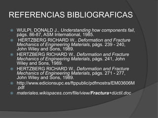 REFERENCIAS BIBLIOGRAFICAS
 WULPI, DONALD J., Understanding how components fail,
págs. 86-87, ASM International, 1985.
 HERTZBERG RICHARD W., Deformation and Fracture
Mechanics of Engineering Materials, págs. 239 - 240,
John Wiley and Sons, 1989.
 HERTZBERG RICHARD W., Deformation and Fracture
Mechanics of Engineering Materials, págs. 241, John
Wiley and Sons, 1989.
 HERTZBERG RICHARD W., Deformation and Fracture
Mechanics of Engineering Materials, págs. 271 - 277,
John Wiley and Sons, 1989.
 http://www.edicionsupc.es/ftppublic/pdfmostra/EM03606M
.pdf
 materiales.wikispaces.com/file/view/Fractura+dúctil.doc
 
