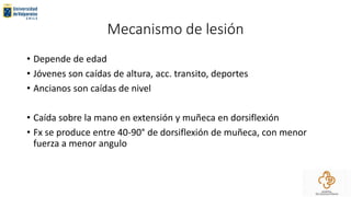 Mecanismo de lesión
• Depende de edad
• Jóvenes son caídas de altura, acc. transito, deportes
• Ancianos son caídas de nivel
• Caída sobre la mano en extensión y muñeca en dorsiflexión
• Fx se produce entre 40-90° de dorsiflexión de muñeca, con menor
fuerza a menor angulo
 