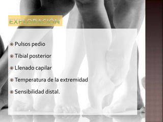  Pulsos pedio
 Tibial posterior
 Llenado capilar
 Temperatura de la extremidad
 Sensibilidad distal.
 