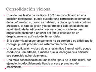 Consolidación viciosa
   Cuando una lesión de los tipos 1 ó 2 han consolidado en una
    posición defectuosa, puede suceder una corrección espontánea
    de la deformidad si, como es habitual, la placa epifisaria continúa
    creciendo, el niño es joven y la deformidad está en el plano de
    movimiento de la articulación vecina, como sucede en una
    angulación posterior o anterior del fémur después de un
    desplazamiento epifisario del fémur distal.
   Si la deformidad espontáneamente no se corrige o es difícil que lo
    consiga, puede precisar una osteotomía correctora.
   Una consolidación viciosa de una lesión tipo 3 en el tobillo puede
    conducir a una artrosis, a menos que la incongruencia articular
    sea corregida quirúrgicamente.
   Una mala consolidación de una lesión tipo 4 de la tibia distal, por
    ejemplo, indefectiblemente tiende al cese prematuro del
    crecimiento.
 