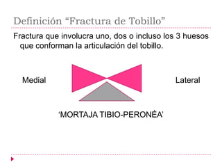 Definición “Fractura de Tobillo”
Fractura que involucra uno, dos o incluso los 3 huesos
  que conforman la articulación del tobillo.



  Medial                                    Lateral



            ‗MORTAJA TIBIO-PERONÉA‘
 