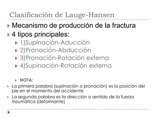 Clasificación de Lauge-Hansen
 Mecanismo de producción de la fractura
 4 tipos principales:
        1)Supinación-Aducción
        2)Pronación-Abducción
        3)Pronación-Rotación externa
        4)Supinación-Rotación externa

       NOTA:
   La primera palabra (supinación o pronación) es la posición del
    pie en el momento del accidente
   La segunda palabra es la dirección o sentido de la fuerza
    traumática (deformante)
 