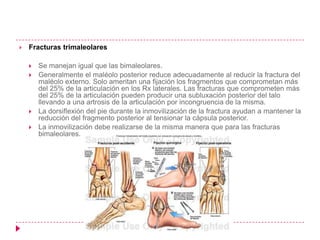    Fracturas trimaleolares

       Se manejan igual que las bimaleolares.
       Generalmente el maléolo posterior reduce adecuadamente al reducir la fractura del
        maléolo externo. Solo ameritan una fijación los fragmentos que comprometan más
        del 25% de la articulación en los Rx laterales. Las fracturas que comprometen más
        del 25% de la articulación pueden producir una subluxación posterior del talo
        llevando a una artrosis de la articulación por incongruencia de la misma.
       La dorsiflexión del pie durante la inmovilización de la fractura ayudan a mantener la
        reducción del fragmento posterior al tensionar la cápsula posterior.
       La inmovilización debe realizarse de la misma manera que para las fracturas
        bimaleolares.
 