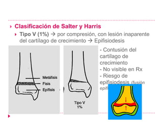    Clasificación de Salter y Harris
       Tipo V (1%)  por compresión, con lesión inaparente
        del cartílago de crecimiento  Epifisiodesis
                                       - Contusión del
                                       cartílago de
                                       crecimiento
                                       - No visible en Rx
                                       - Riesgo de
                                       epifisiodesis (fusión
                                       epifisiaria)
 