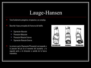 Lauge-Hansen
   Tiene fundamento patogénico, terapéutico y es compleja.

   Describe 4 tipos principales de fracturas del tobillo:

         Supinación-Aducción
         Pronación-Abducción
         Pronación-Rotación Externa
         Supinación-Rotación Externa

   La primera parte (Supinación/Pronación) corresponde a
    la posición del pie en el momento del accidente, y la
    segunda parte, a la dirección o sentido de la fuerza
    traumática.
 