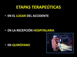 EN EL LUGAR DEL ACCIDENTEEN LA RECEPCIÓN HOSPITALARIAEN QUIRÓFANOETAPAS TERAPEÚTICAS