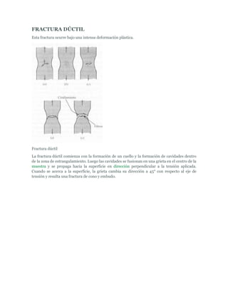 FRACTURA DÚCTIL
Esta fractura ocurre bajo una intensa deformación plástica.




Fractura dúctil
La fractura dúctil comienza con la formación de un cuello y la formación de cavidades dentro
de la zona de estrangulamiento. Luego las cavidades se fusionan en una grieta en el centro de la
muestra y se propaga hacia la superficie en dirección perpendicular a la tensión aplicada.
Cuando se acerca a la superficie, la grieta cambia su dirección a 45° con respecto al eje de
tensión y resulta una fractura de cono y embudo.
 