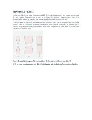 FRACTURA FRÁGIL
La fractura frágil tiene lugar sin una apreciable deformación y debido a una rápida propagación
de una grieta. Normalmente ocurre a lo largo de planos cristalográficos específicos
denominados planos de fractura que son perpendiculares a la tensión aplicada.
La mayoría de las fracturas frágiles son transgranulares o sea que se propagan a través de los
granos. Pero si los límites de grano constituyen una zona de debilidad, es posible que la
fractura se propague intergranularmente. Las bajas temperaturas y las altas deformaciones
favorecen la fractura frágil.




Superficies dejadas por diferentes tipos de fractura. a) Fractura dúctil,
b) Fractura moderadamente dúctil, c) Fractura frágil sin deformación plástica
 