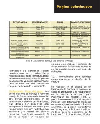 formación de parafinas deben
considerarse en la selección y
modificación del fluido de fractura. Debe
tenerse conocimiento sobre la presión
de yacimiento, ya que es la responsable
de la expulsión del fluido de fractura
después de terminado el tratamiento
Los
pozos a los que se les vaya a hacer un
trabajo de fracturamiento deben contar
con ciertas características en su
terminación y sistema de conexiones,
que deben ser previstas con
anticipación y tomadas en cuenta para
que permita la ejecución del trabajo con
seguridad y el retorno del pozo a
producción después del tratamiento. Si
se va a hacer un trabajo de
.
Configuración física del pozo.
un pozo viejo, deberá modificarse de
acuerdo con las limitaciones impuestas
por las condiciones de terminación de
dicho pozo.
7.2.1. Procedimiento para optimizar
económicamente el diseño de la
fractura
Lo medular en el diseño de un
tratamiento de fractura es optimizar el
gasto de producción y la recuperación
de la reserva de un pozo para
maximizar su rentabilidad. El
procedimiento de optimización requiere
métodos para determinar la geometría
del agujero y producción de la fractura
apuntalada, que pueden estar en forma
de monograma, soluciones analíticas,
modelos para la geometría de la
fractura en 2 ó 3 dimensiones, cálculos
Sintética curable cubierta
con resina
Hasta 14000 20/40 HYPERPROP, CERAMEX P
Sintética curable cubierta
con resina
Hasta 12000 20/40 DAYNAPROP, CERAMEX I
Sintética curable cubierta
con resina
Hasta 10000 20/40 MAGNAPROP, CERAMEX E
Cuarcítica curable cubierta
con resina
Hasta 6000 20/40; 16/30 SUPER DC, ACFRAC SB
PRIME
Cuarcítica curable cubierta
con resina
Hasta 5000 20/40; 16/30 SUPER LC, ACFRAC SB
EXCEL
Sintética Hasta 14000 20/40 CARBOHSP, SINTERED
BAUXITE
Sintética Hasta 12000 20/40; 16/30 CARBOPROP, INTERPROP
Sintética Hasta 10000 20/40; 16/20 NAPLITE, CARBOLITE
Sintética Hasta 8000 20/40; 12/20 ECONOPROP, VALUEPROP
Cuarcitica Hasta 4000 20/40; 16/30; 12/20 OTAWA, UNIMIN, VOCA
TIPO DE ARENA RESISTENCIA (PSI) MALLA NOMBRE COMERCIAL
Tabla 4.- Apuntalantes de mayor uso comercial enMexico
Sintética curable cubierta
con resina
Hasta 14000 20/40 HYPERPROP, CERAMEX P
Sintética curable cubierta
con resina
Hasta 12000 20/40 DAYNAPROP, CERAMEX I
Sintética curable cubierta
con resina
Hasta 10000 20/40 MAGNAPROP, CERAMEX E
Cuarcítica curable cubierta
con resina
Hasta 6000 20/40; 16/30 SUPER DC, ACFRAC SB
PRIME
Cuarcítica curable cubierta
con resina
Hasta 5000 20/40; 16/30 SUPER LC, ACFRAC SB
EXCEL
Sintética Hasta 14000 20/40 CARBOHSP, SINTERED
BAUXITE
Sintética Hasta 12000 20/40; 16/30 CARBOPROP, INTERPROP
Sintética Hasta 10000 20/40; 16/20 NAPLITE, CARBOLITE
Sintética Hasta 8000 20/40; 12/20 ECONOPROP, VALUEPROP
Cuarcitica Hasta 4000 20/40; 16/30; 12/20 OTAWA, UNIMIN, VOCA
TIPO DE ARENA RESISTENCIA (PSI) MALLA NOMBRE COMERCIAL
Tabla 4.- Apuntalantes de mayor uso comercial enMexico
Pagina veintinueve
 