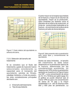 Figura 7. Costo relativo del apuntalante vs
esfuerzo de cierre.
7.2.5. Selección del tamaño del
tratamiento
Si se considera que el fluido del
tratamiento y gasto de inyección fueron
seleccionados considerando su
capacidad para el transporte del
apuntalante, pérdida de filtrado,
caballaje hidráulico y límite de presión,
las otras consideraciones principales
del diseño son:
?El tamaño del tratamiento
?Tipo de apuntalante
Cuanto mayor es la longitud apuntalada
de la fractura y mayor es el volumen de
apuntalante, mayor es la producción,
salvo limitantes por factores como el
diámetro de la tubería de producción, el
límite de conductividad realizable en la
fractura, el crecimiento de la altura de la
fractura y el radio de drene del pozo.
Figura 8. Valor presente neto vs penetración
para varios tipos y concentraciones de
apuntalante
Dentro de estos limitantes, el tamaño
del tratamiento se debe basar
idealmente en la penetración óptima de
la fractura, determinada por las
consideraciones económicas. Un
diagrama de VPN contra la penetración
apoyada se muestra en la Figura 8 para
una ISP y una concentración de arena
de 10, 14 y 16 libras por galón (ppg). En
la gráfica se puede observar que el
menor VPN es para una concentración
de arena de 10 ppg y la mayor
rentabilidad a un año se alcanza entre
500 y 600 pies de penetración. La
1000 3000 5000 7000 9000 11,000 13,000 15,000
0.0025
0.0020
0.0015
0.0010
0.0005
0
Arena café
Arena cubierta con resina
Bauxita
ISP
Arena Blanca del norte
Esfuerzo de cierre (psi)
Volumendelapuntalanterelativo
(lbm/md-ft3)
1000 3000 5000 7000 9000 11,000 13,000 15,000
0.0025
0.0020
0.0015
0.0010
0.0005
0
Arena café
Arena cubierta con resina
Bauxita
ISP
Arena Blanca del norte
Esfuerzo de cierre (psi)
Volumendelapuntalanterelativo
(lbm/md-ft3)
100 300 500 700 900
2,300,000
2,100,000
1,900,000
1,700,000
1,500,000
1,300,000
1,100,000
Arena 10 ppg
ISP 10 ppg
Arena 14 ppg
ISP 14 ppg
Arena 16 ppg
ISP 16 ppg
UnañoNVP($)
Penetración del apuntalante (ft)
100 300 500 700 900
2,300,000
2,100,000
1,900,000
1,700,000
1,500,000
1,300,000
1,100,000
100 300 500 700 900
2,300,000
2,100,000
1,900,000
1,700,000
1,500,000
1,300,000
1,100,000
Arena 10 ppg
ISP 10 ppg
Arena 14 ppg
ISP 14 ppg
Arena 16 ppg
ISP 16 ppg
UnañoNVP($)
Penetración del apuntalante (ft)
GUÍA DE DISEÑO PARA
FRACTURAMIENTOS HIDRÁULICOS
 