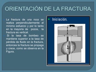    La fractura de una roca se
    realiza perpendicularmente al
    mínimo esfuerzo y por lo tanto
    en la mayoría de pozos, la
    fractura es vertical.
    Si la tasa de bombeo se
    mantiene superior a la tasa de
    pérdida de fluido en la fractura,
    entonces la fractura se propaga
    y crece, como se observa en la
    Figura.
 
