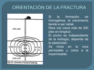 ORIENTACIÓN DE LA FRACTURA
              Si     la    formación  es
               homogénea, el crecimiento
               tiende a ser radial.
              Rara vez crece más de 300
               pies en longitud.
              El ancho es independiente
               de la reología, depende de
               la elasticidad.
              Se inicia en la roca
               permeable y crece a la
               impermeable.
 