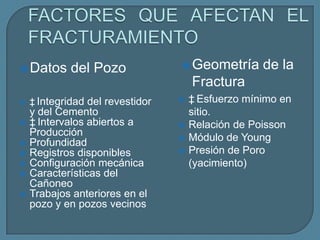  Datos      del Pozo              Geometría       de la
                                      Fractura
   ‡ Integridad del revestidor      ‡ Esfuerzo mínimo en
    y del Cemento                     sitio.
   ‡ Intervalos abiertos a          Relación de Poisson
    Producción                       Módulo de Young
   Profundidad
   Registros disponibles            Presión de Poro
   Configuración mecánica            (yacimiento)
   Características del
    Cañoneo
   Trabajos anteriores en el
    pozo y en pozos vecinos
 