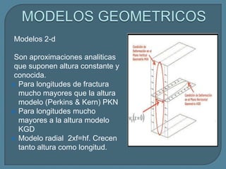 Modelos 2-d

 Son aproximaciones analiticas
 que suponen altura constante y
 conocida.
 Para longitudes de fractura
  mucho mayores que la altura
  modelo (Perkins & Kern) PKN
 Para longitudes mucho
  mayores a la altura modelo
  KGD
 Modelo radial 2xf=hf. Crecen
  tanto altura como longitud.
 