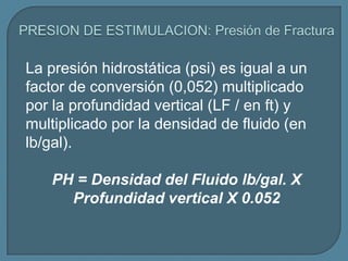La presión hidrostática (psi) es igual a un
factor de conversión (0,052) multiplicado
por la profundidad vertical (LF / en ft) y
multiplicado por la densidad de fluido (en
lb/gal).

    PH = Densidad del Fluido lb/gal. X
      Profundidad vertical X 0.052
 