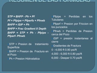 STP = BHFP - Ph + Pf             Pfpipe   =   Perdidas   en   los
Pf = Pfpipe + Pfperfs + Pfnwb    Tubulares
BHFP = ISIP + Ph                 Pfperf = Presion por Friccion en
                                 los punzados
BHFP = Frac Gradient X Depth
                                 Pfnwb = Perdidas de Presion
BHFP = STP + Ph - Pfpipe -
                                 cerca del Pozo
Pfperf- Pfnwb
                                 ISIP = presión instantanea al
                                 cierre
STP  = Presion de tratamiento
                                 Gradientes de Fractura
Superficie
                                 0 - 4,000 ft 0.90 psi/ft
BHFP = Presion de Fractura en
el Pozo                          4,000 - 6,000 ft 0.80 psi/ft
Ph = Presion Hidrostatica       6,000 - Deeper 0.70 psi/ft
 