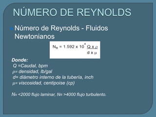  Númerode Reynolds - Fluidos
 Newtonianos


Donde:
Q =Caudal, bpm
ρ= densidad, lb/gal
d= diámetro interno de la tubería, inch
μ= viscosidad, centipoise (cp)

NR <2000 flujo laminar, NR >4000 flujo turbulento.
 