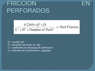 Q = caudal, lpm
D = densidad del fluido, lb / gal
C = coeficiente de descarga de perforación
H = diámetro de la perforación, pulgadas
 