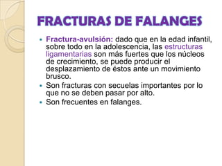 CLÍNICA• Dolor , tumefacción , deformidad, crepitación..• Alineación de los dedos tanto en posición de reposo como durante el movimiento activo.• neuro-vascular distalDIAGNOSTICORX AP y oblicua de mano.CLASIFICACIÓNSe basa en criterios descriptivos:• Localización: base, diáfisis, cuello o cabeza de MTC• Trazo de fractura: transverso, oblicua, espiroidea..• Desplazamiento, angulación, rotación del MTC..