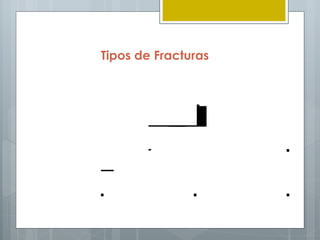 Tipos de Fracturas

                              FR AC TU R AS.


                   A b ie r t a s .                    C e rra d a s .


C u b r ir h e r id a .         I n m o v iliz a r.   I n m o v iliz a r.
 