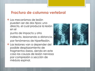Fractura de columna vertebral
   Los mecanismos de lesión
    pueden ser de dos tipos: uno
    directo, el cual produce la lesión
    en el
    punto de impacto y otro
    indirecto, lesionando a distancia,
    por fenómenos de hiperflexión.
   Las lesiones van a depender del
    posible desplazamiento de
    fragmentos óseos, siendo en este
    caso las causas de lesión nerviosa
    por compresión o sección de
    médula espinal.
 