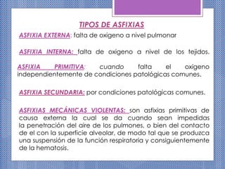 ASFIXIA EXTERNA: falta de oxigeno a nivel pulmonar
ASFIXIA INTERNA: falta de oxigeno a nivel de los tejidos.
ASFIXIA PRIMITIVA: cuando falta el oxigeno
independientemente de condiciones patológicas comunes.
ASFIXIA SECUNDARIA: por condiciones patológicas comunes.
ASFIXIAS MECÁNICAS VIOLENTAS: son asfixias primitivas de
causa externa la cual se da cuando sean impedidas
la penetración del aire de los pulmones, o bien del contacto
de el con la superficie alveolar, de modo tal que se produzca
una suspensión de la función respiratoria y consiguientemente
de la hematosis.
TIPOS DE ASFIXIAS
 