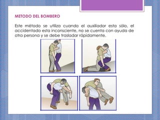 METODO DEL BOMBERO
Este método se utiliza cuando el auxiliador esta sólo, el
accidentado esta inconsciente, no se cuenta con ayuda de
otra persona y se debe trasladar rápidamente.
 