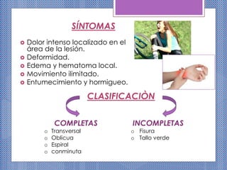 SÍNTOMAS
 Dolor intenso localizado en el
área de la lesión.
 Deformidad.
 Edema y hematoma local.
 Movimiento ilimitado.
 Entumecimiento y hormigueo.
CLASIFICACIÒN
COMPLETAS
o Transversal
o Oblicua
o Espiral
o conminuta
INCOMPLETAS
o Fisura
o Tallo verde
 