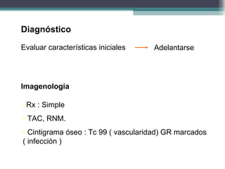 Diagnóstico Evaluar características iniciales Adelantarse Imagenología Rx : Simple TAC, RNM. Cintigrama óseo : Tc 99 ( vascularidad) GR marcados ( infección ) 
