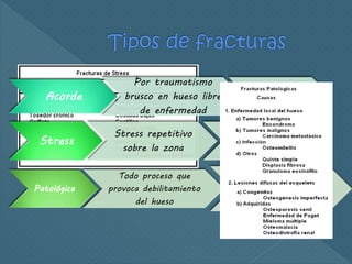 Acorde
Por traumatismo
brusco en hueso libre
de enfermedad
Simplemente:
fractura
Stress
Stress repetitivo
sobre la zona
Fracturas de
fatiga o marcha
Patológica
Todo proceso que
provoca debilitamiento
del hueso
Carcinomas
metastásicos o
enfermedades del
esqueleto
 
