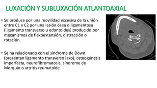 LUXACIÓN Y SUBLUXACIÓN ATLANTOAXIAL
• Se produce por una movilidad excesiva de la unión
entre C1 y C2 por una lesión ósea o ligamentosa
(ligamento transverso u odontoides) producido por
mecanismos de flexoextensión, distracción o
rotación.
• Se ha relacionado con el síndrome de Down
(presentan ligamento transverso laxo), osteogénesis
imperfecta, neurofibromatosis, síndrome de
Morquio o artritis reumatoide
 