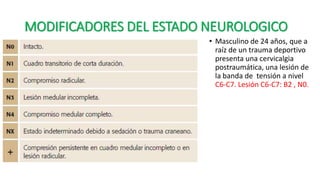 MODIFICADORES DEL ESTADO NEUROLOGICO
• Masculino de 24 años, que a
raíz de un trauma deportivo
presenta una cervicalgia
postraumática, una lesión de
la banda de tensión a nivel
C6-C7. Lesión C6-C7: B2 , N0.
 