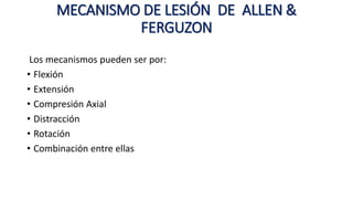 MECANISMO DE LESIÓN DE ALLEN &
FERGUZON
Los mecanismos pueden ser por:
• Flexión
• Extensión
• Compresión Axial
• Distracción
• Rotación
• Combinación entre ellas
 