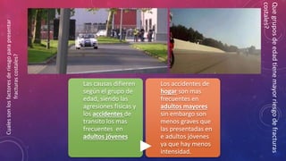 Las causas difieren
según el grupo de
edad, siendo las
agresiones físicas y
los accidentes de
transito los mas
frecuentes en
adultos jóvenes
Los accidentes de
hogar son mas
frecuentes en
adultos mayores
sin embargo son
menos graves que
las presentadas en
e adultos jóvenes
ya que hay menos
intensidad.
Quegruposdeedadtienemayorriesgodefracturas
costales?
Cualessonlosfactoresderiesgoparapresentar
fracturascostales?
 