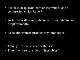 Evalúa el desplazamiento de las trabéculas de compresión en las Rx de F Serian fases diferentes del mismo movimiento de desplazamiento Es de importancia pronóstica y terapeútica Tipo I y II se consideran “estables” Tipo III y IV se consideran “inestables” 