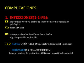 COMPLICACIONES INFECCIONES(1-14%):  ET:  deprimidos-vecino a periné-se tocan-hematoma-exposición  quirúrgica CL:   dolor-VSG alta RX:  osteoporosis- disminución de luz articular dg: lab.-punción aspiración TTO:  AGUDA (5° DÍA =PROFUNDA) : retiro de material +atb 6 sem RETRASADA (1-2 SEM.=SUPERFICIAL):  drenaje+ cadena de gentamina+ATB 6 sem sin retiro de material 