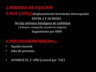 2.PERDIDA DE FIJACION 3.NOA (30%): desplazamiento-hematoma intracapsular ENTRE 2 Y 18 MESES No hay métodos fidedignos de viabilidad ( isótopos, venografía, tensión de oxígeno) Seguimiento por RMN 4.PSEUDOARTROSIS(20 %) líquido sinovial falta de periostio APARECE EL 1° AÑO (control por  TAC) 