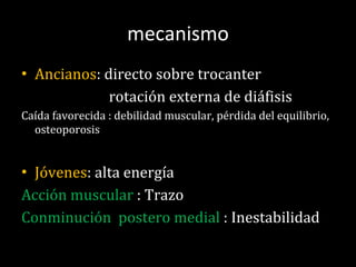 mecanismo Ancianos : directo sobre trocanter rotación externa de diáfisis Caída favorecida : debilidad muscular, pérdida del equilibrio, osteoporosis Jóvenes : alta energía Acción muscular  : Trazo Conminución  postero medial  : Inestabilidad 