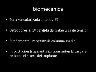 biomecánica Zona vascularizada : menos  PS Osteoporosis: 1º pérdida de trabéculas de tensión Fundamental: reconstruir columna medial Impactación fragmentaria: transmiten la carga  y  reducen el stress del implante 