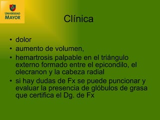 Clínica   dolor  aumento de volumen,  hemartrosis palpable en el triángulo externo formado entre el epicondilo, el olecranon y la cabeza radial  si hay dudas de Fx se puede puncionar y evaluar la presencia de glóbulos de grasa que certifica el Dg. de Fx   